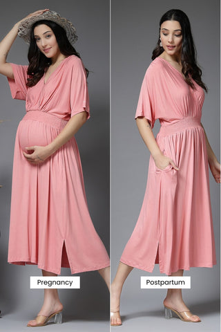 Peach Solid Smocked Waist Zipless Feeding Dress