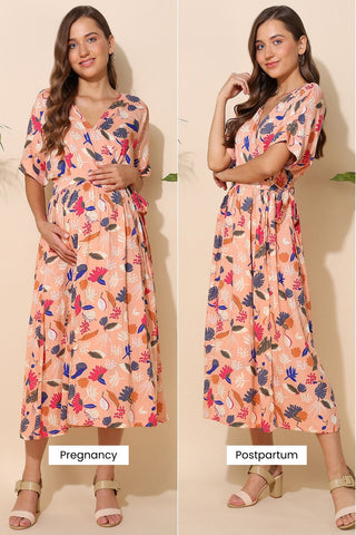 Peach All Over Printed Zipless Maternity Wrap Dress