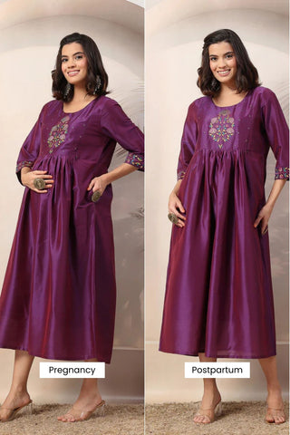 Mystic Violet Maternity Feeding Dress with Embroidered Yoke