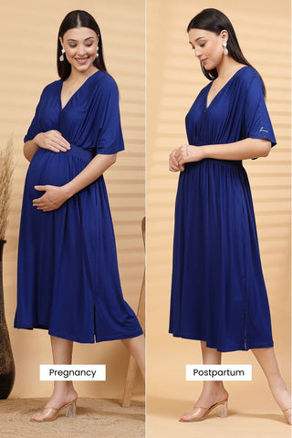 Blue Solid Smocked Waist Zipless Feeding Dress