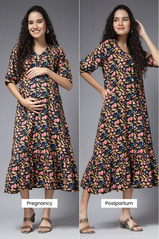 Petal Drift Tiered Maternity Zipless Feeding Dress - House Of Zelena™