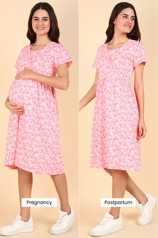 Pink Floral Printed 100% Soft Cotton Zipless Maternity Feeding Dress