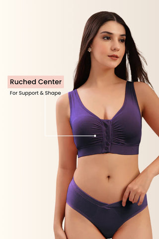 Wine Front-Open Bra; seamless construction around the rib cage ensures ease.