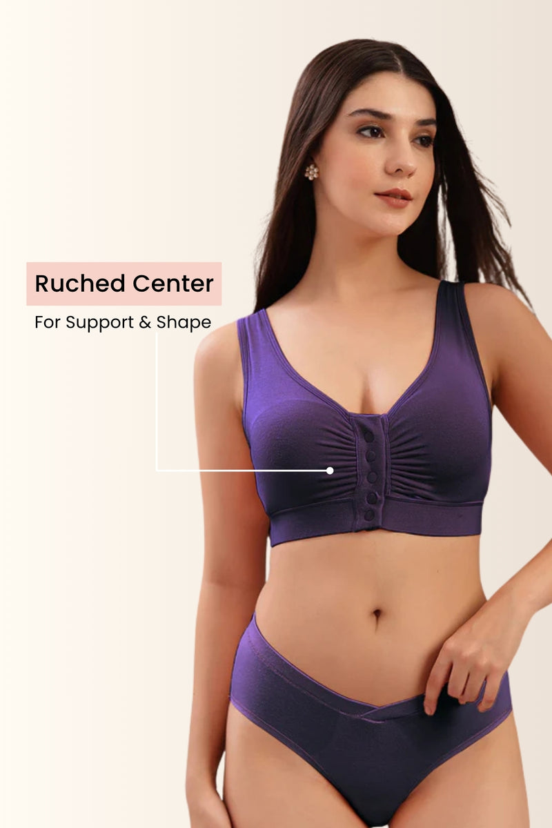 Wine Front-Open Bra; seamless construction around the rib cage ensures ease.