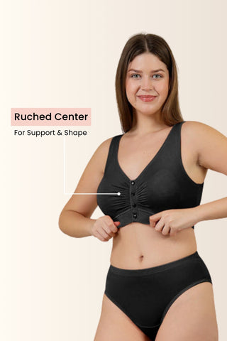 Black Maternity Bra front hook; closure mechanism is secure against accidental opening.