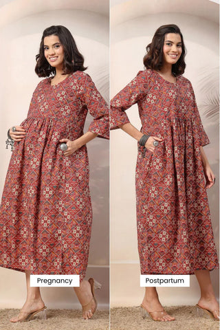 Rust Printed Maternity & Feeding Dress