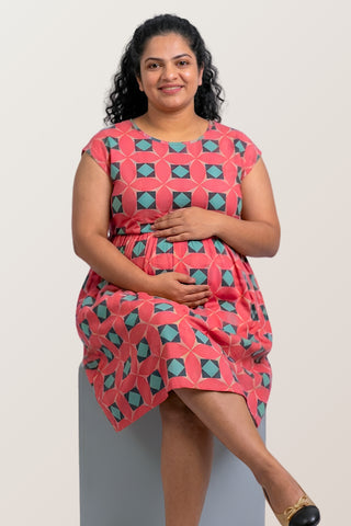 Red Geometric Print Maternity Zipless Feeding Dress