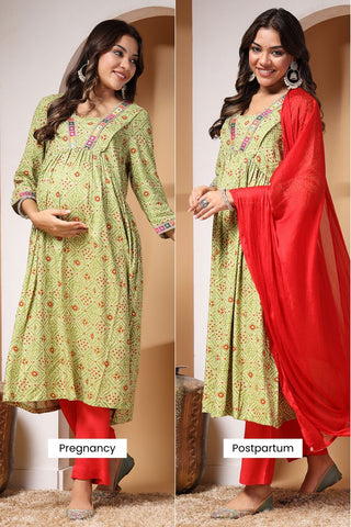 Verdant Vigor Maternity Kurta Set With Contrast Dupatta