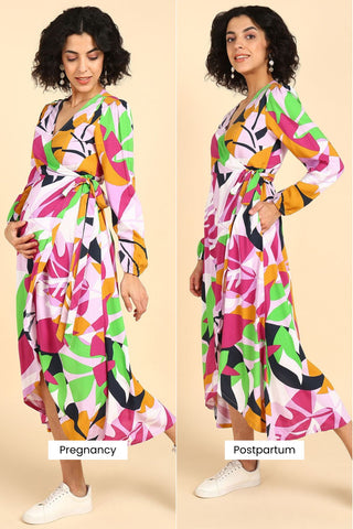 Abstract Tropical Petal-Shaped Rayon Maternity Dress