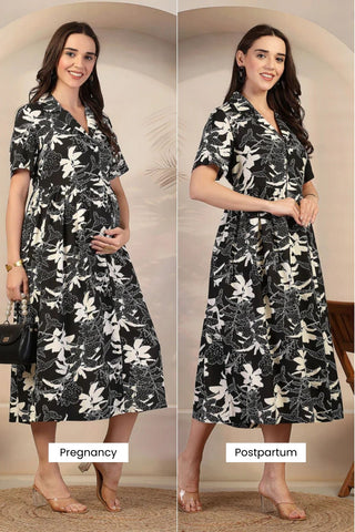 Black & White Abstract Print Maternity Zipless Nursing Dress