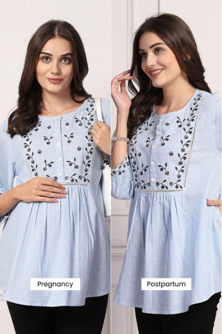 Blossom Blue Zipless Top; no zip or hook ensures comfortable feeding access.