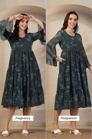 Dark Green Floral Printed Maternity Feeding Tiered Dress