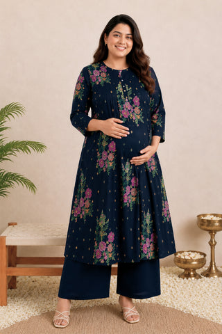 Zipless Feeding Cotton Maternity Kurta-Pant Set - Navy Blue