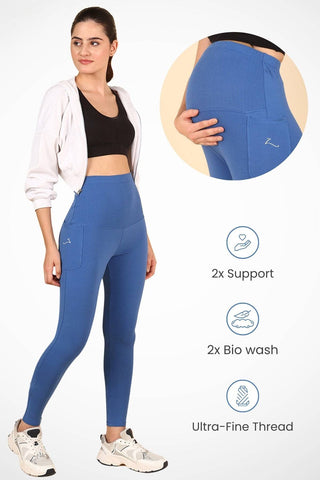 Blue Ribbed Maternity Legging; comfortable base layer for dressing up or down postpartum.