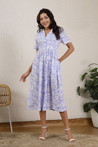 Blue All Over Printed Maternity Zipless Feeding Dress