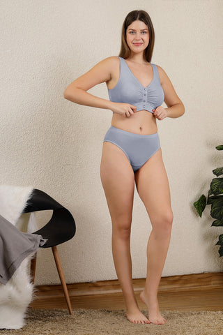 M-Blue Front-Open Bra; subtle color minimizes show-through under light garments.