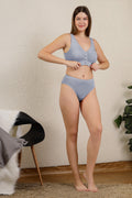 M-Blue Front-Open Bra; subtle color minimizes show-through under light garments.