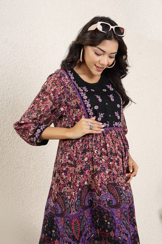Stylish Stylish Maternity Wear - Multicolor Paisley Floral Maternity Zipless Feeding Dress for New Moms