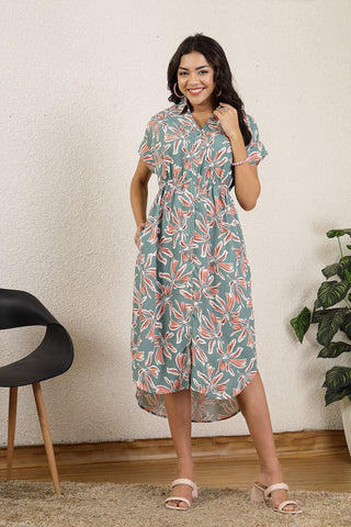 Pastel Green All Over Printed Zipless Maternity Feeding Dress