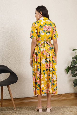 Yellow All Over Printed Maternity Zipless Feeding Dress