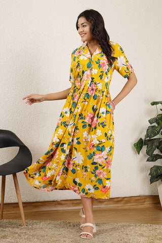 Yellow All Over Printed Maternity Zipless Feeding Dress