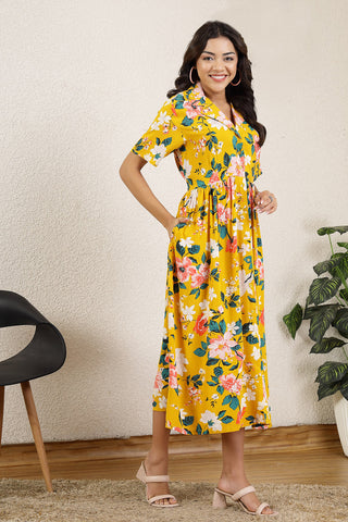 Yellow All Over Printed Maternity Zipless Feeding Dress