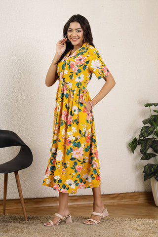 Yellow All Over Printed Maternity Zipless Feeding Dress