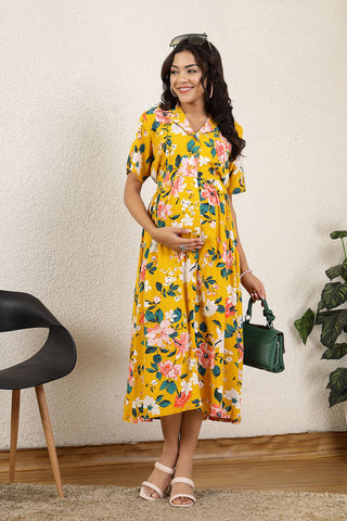 Yellow All Over Printed Maternity Zipless Feeding Dress