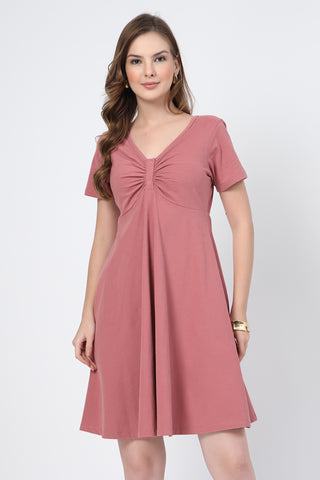 Detail of Hidden Feeding Zips & Pockets on Ruched Cotton Zipless Feeding Dress for Breastfeeding