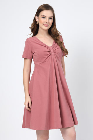 Elegant Deep Salmon Look of Ruched Cotton Zipless Feeding Dress - Perfect for Any Occasion