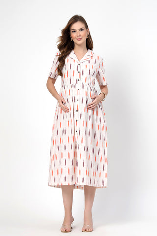 Back View of Ikat Print Zipless Feeding Dress-Off White - Flattering Silhouette for Pregnancy