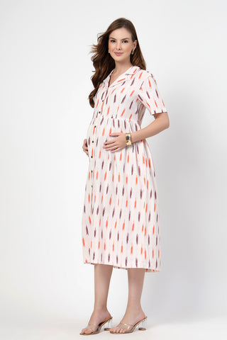 Detail of Hidden Feeding Zips & Pockets on Ikat Print Zipless Feeding Dress-Off White for Breastfeeding