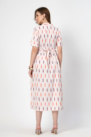 Close Up of Cotton Fabric Detail on Ikat Print Zipless Feeding Dress-Off White