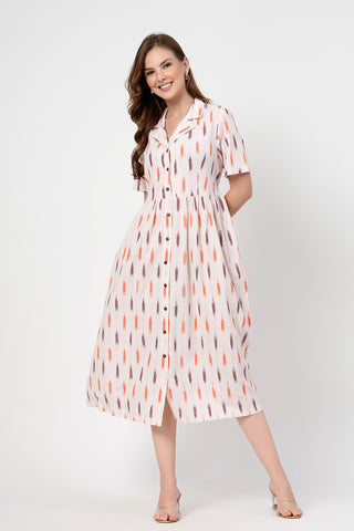 Soft Cotton Texture of Ikat Print Zipless Feeding Dress-Off White - Breathable & Comfy