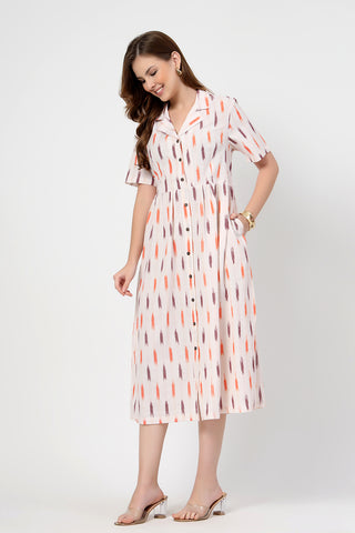 Elegant White Look of Ikat Print Zipless Feeding Dress-Off White - Perfect for Any Occasion
