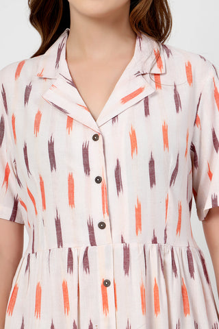 Stylish White Maternity Wear - Ikat Print Zipless Feeding Dress-Off White for New Moms