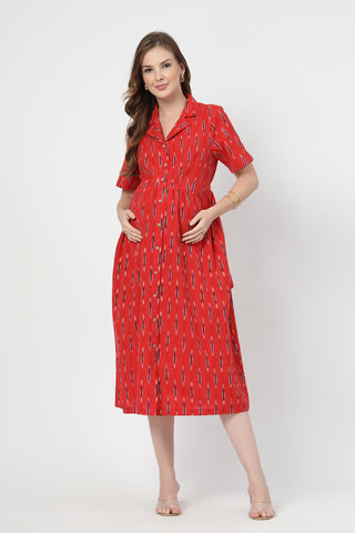 Back View of Ikat Print Zipless Feeding Dress-Brick Red - Flattering Silhouette for Pregnancy
