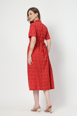 Close Up of Cotton Fabric Detail on Ikat Print Zipless Feeding Dress-Brick Red