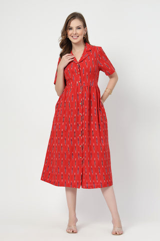 Stylish Red Maternity Wear - Ikat Print Zipless Feeding Dress-Brick Red for New Moms