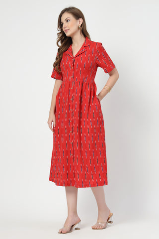 Woman wearing Ikat Print Zipless Feeding Dress-Brick Red in Red - Pre & Post Pregnancy