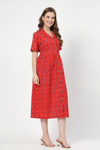 Elegant Red Look of Ikat Print Zipless Feeding Dress-Brick Red - Perfect for Any Occasion