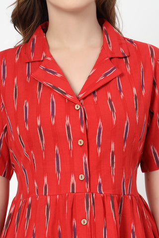 Detail of Hidden Feeding Zips & Pockets on Ikat Print Zipless Feeding Dress-Brick Red for Breastfeeding