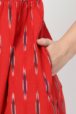 Soft Cotton Texture of Ikat Print Zipless Feeding Dress-Brick Red - Breathable & Comfy