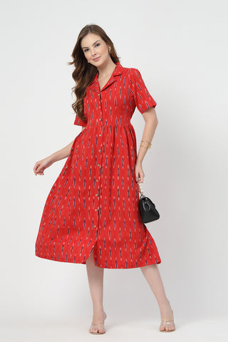 Practical Cotton Feeding Dress with Pockets - Ikat Print Zipless Feeding Dress-Brick Red
