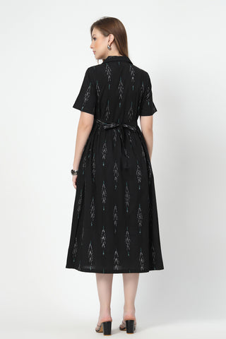 Close Up of Cotton Fabric Detail on Ikat Print Zipless Feeding Dress-Black & Grey