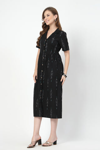 Stylish Black Maternity Wear - Ikat Print Zipless Feeding Dress-Black & Grey for New Moms