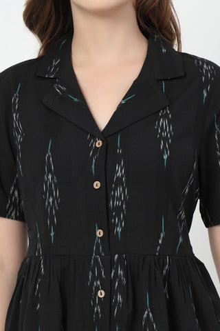 Soft Cotton Texture of Ikat Print Zipless Feeding Dress-Black & Grey - Breathable & Comfy