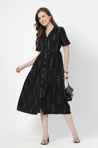 Back View of Ikat Print Zipless Feeding Dress-Black & Grey - Flattering Silhouette for Pregnancy