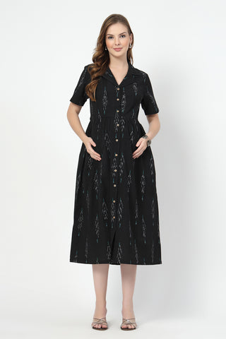 Practical Cotton Feeding Dress with Pockets - Ikat Print Zipless Feeding Dress-Black & Grey