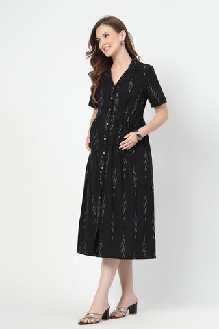 Studio Shot of Ikat Print Zipless Feeding Dress-Black & Grey showing Cotton Design Quality